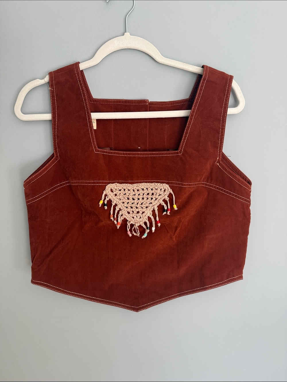 Vintage Faux Suede Rust Brown Crop Top with Beaded Crochet Accent